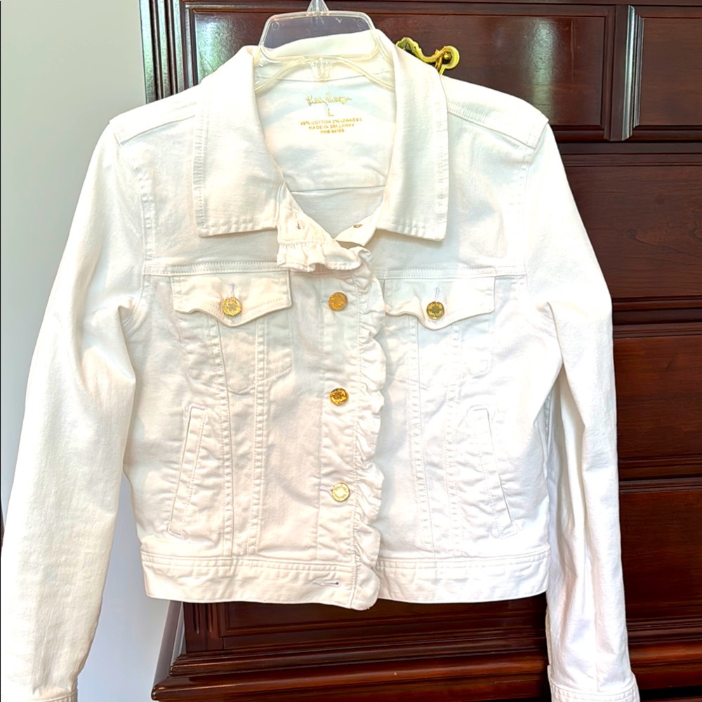 White Denim Jacket with Gold Buttons